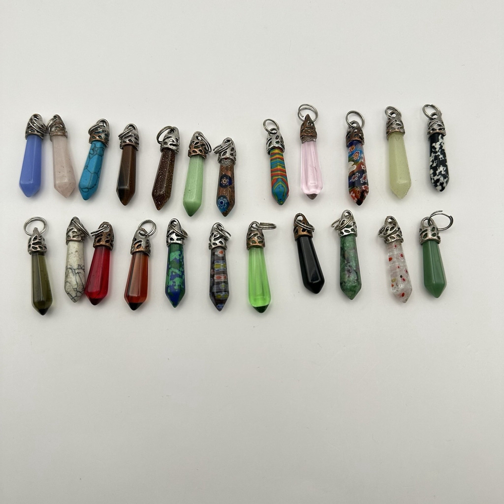 Natural Gemstones Long Hexagonal Pointed Pendant Beads- Misc. Colors Set of 23.